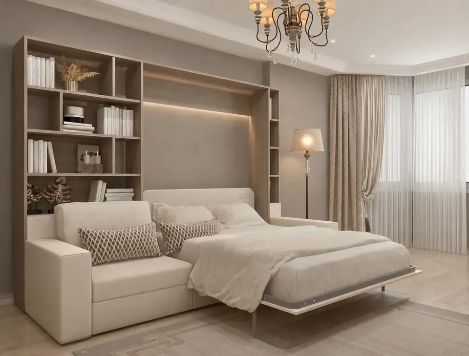 A wall bed with sofa for everyday sleep in a bright room